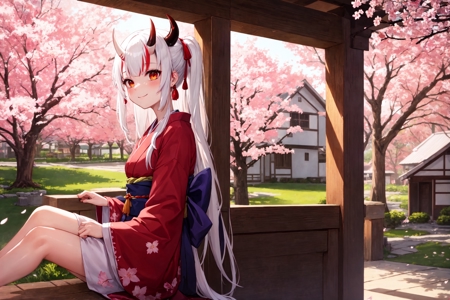 39076-1948666175-(SLE, mksks style, detailed background_1.1),  (solo_1.3), nakiri ayame, red_kimono, white_hair, horns, cute, comfy, happy, porta.jpg